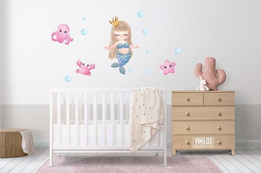 Sirena con amigos y burbujas