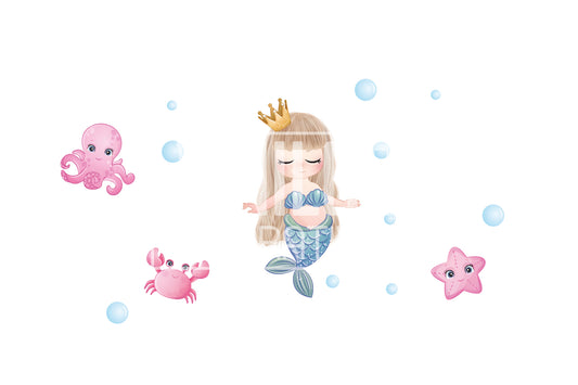 Sirena con amigos y burbujas